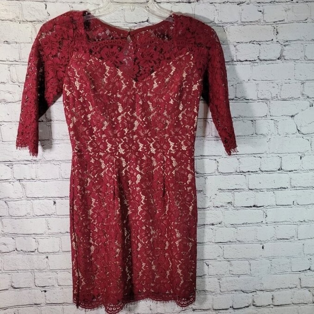 Soieblu Lace Sheath Dress Womens Medium Burgundy Excellent 3/4 Sleeve Floral